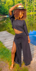 Brianna Crop Top & High Slit Wide Leg Pant Set in Black