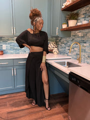 Brianna Crop Top & High Slit Wide Leg Pant Set in Black