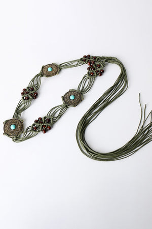 Bohemian Style Braid Belt in Army green with wooden beads, alloy imitation gemstones.