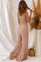 Tan Sleeveless floral smocked wide leg jumpsuit