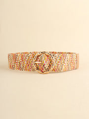 Multicolored woven wide belt with round buckle