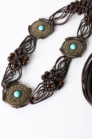 Bohemian Style Braid Belt in chocolate with wooden beads, alloy imitation gemstones.