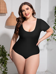 Plus Size Scoop Neck Short Sleeve One-Piece Swimsuit in Black