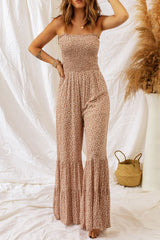 Tan Sleeveless floral smocked wide leg jumpsuit