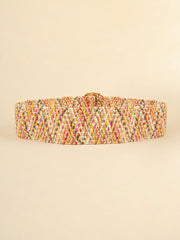 Multicolored woven wide belt with round buckle