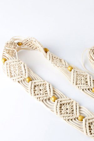 Ivory braid belt with fringes solid wood beads, and macrame style braid