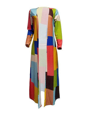 Front View Multicolor Color Block Long Sleeve Ankle Length Duster Dress