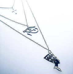 Silver Egyptian Trio layered necklace - ankh, Eye of Horus and Nefertiti