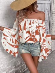 Geo print off-shoulder bell sleeve blouse in white and brown