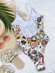 White paisley printed tie back scoop neck high cut swimsuit