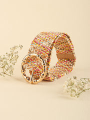 Multicolored woven wide belt with round buckle