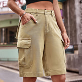 Women's flap pocket cargo button front Bermuda shorts in Tan.