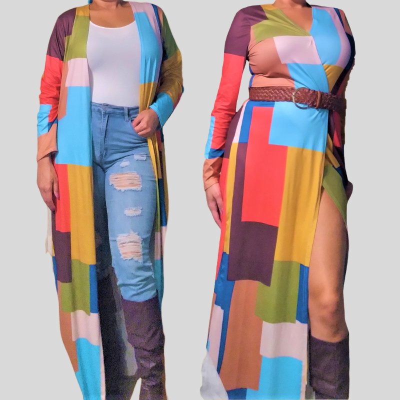 Back View Multicolor Color Block Long Sleeve Ankle Length Duster Dress