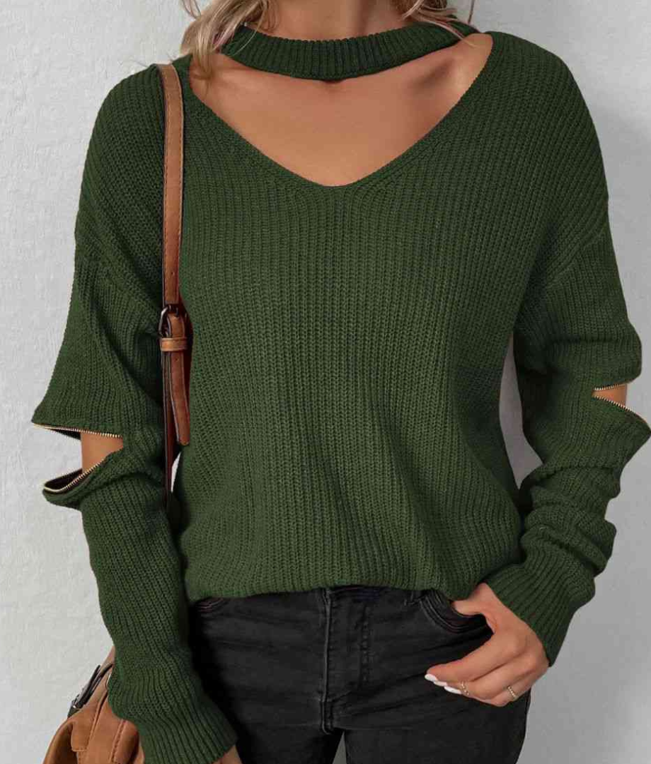 Neck Cutout Zipper Sleeve Sweater in Green