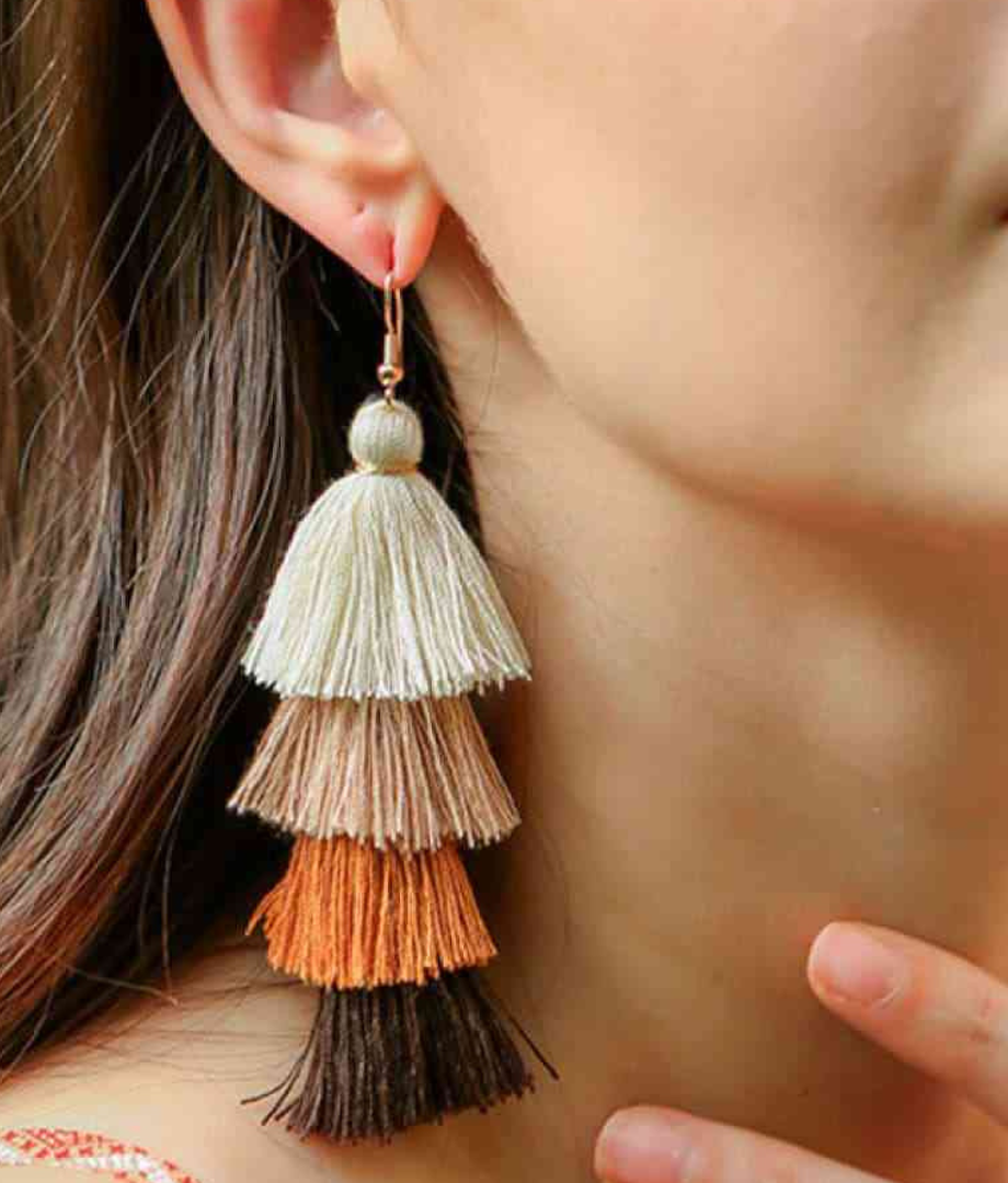 Triple brown fringe chandelier earrings
