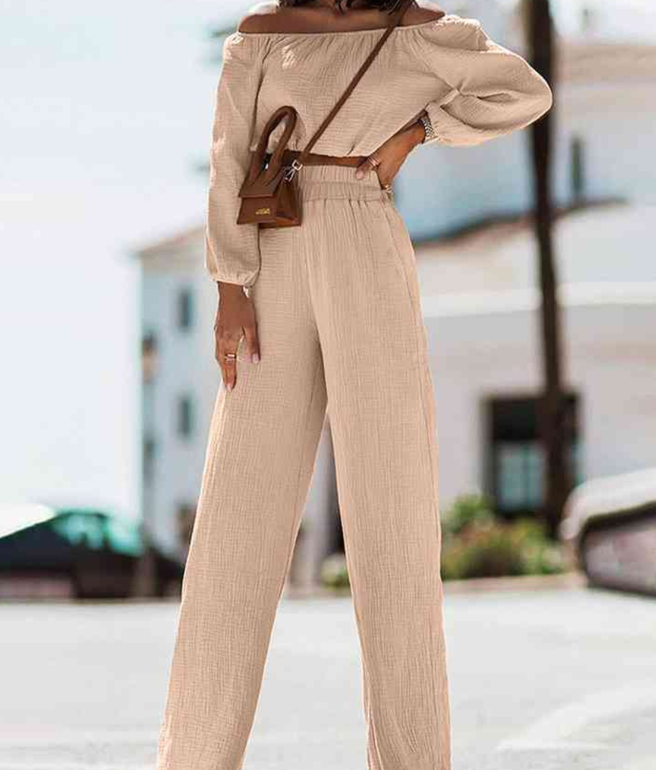 2 piece off-shoulder crop top and pant in beige