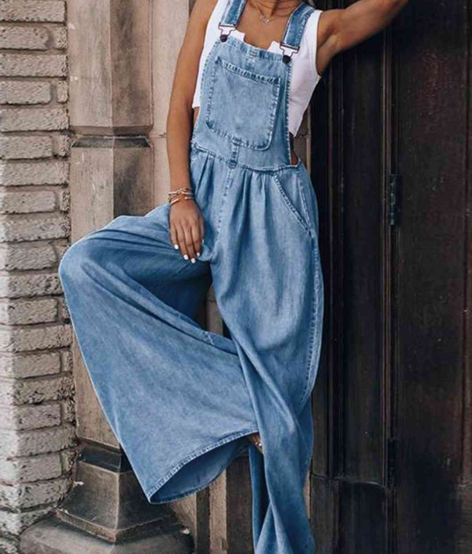 women's light denim super wide leg overalls