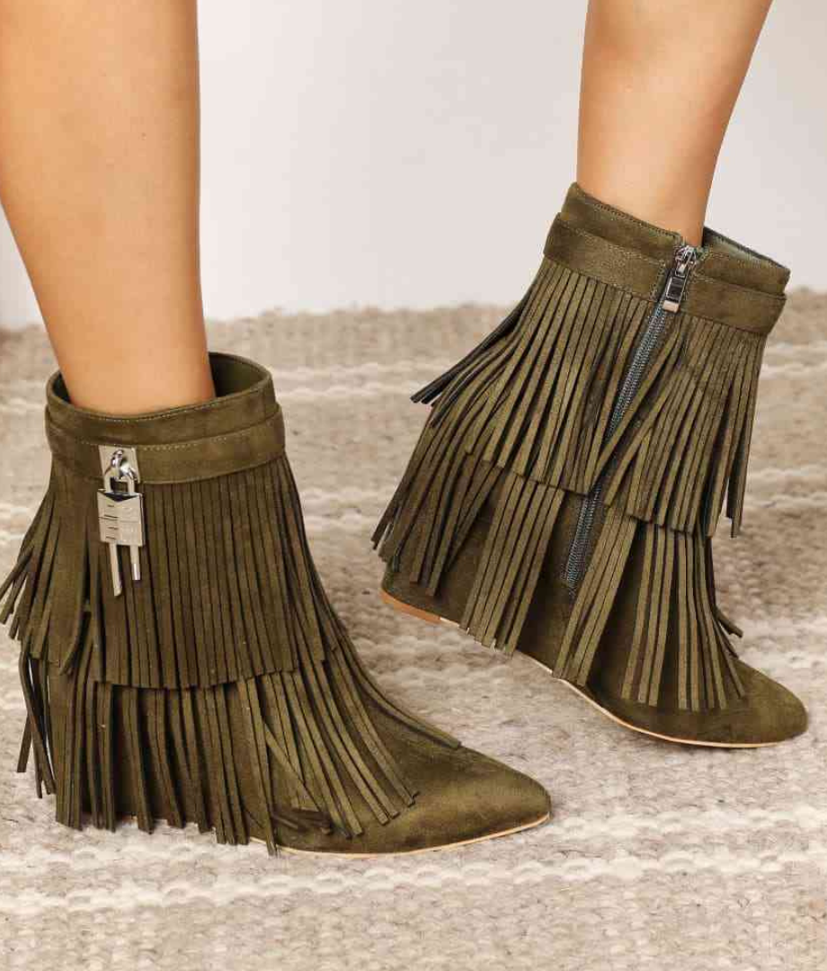 Double Layer Fringe Bootie in Army Green