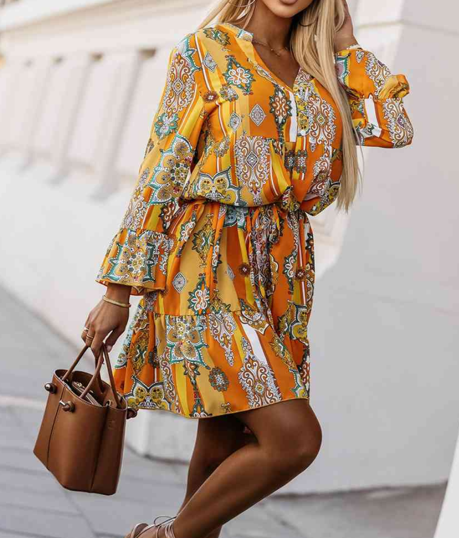 Boho print long sleeve dress in orange and yellow