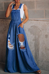 Suzie Lu Distressed Wide Leg Denim Overalls