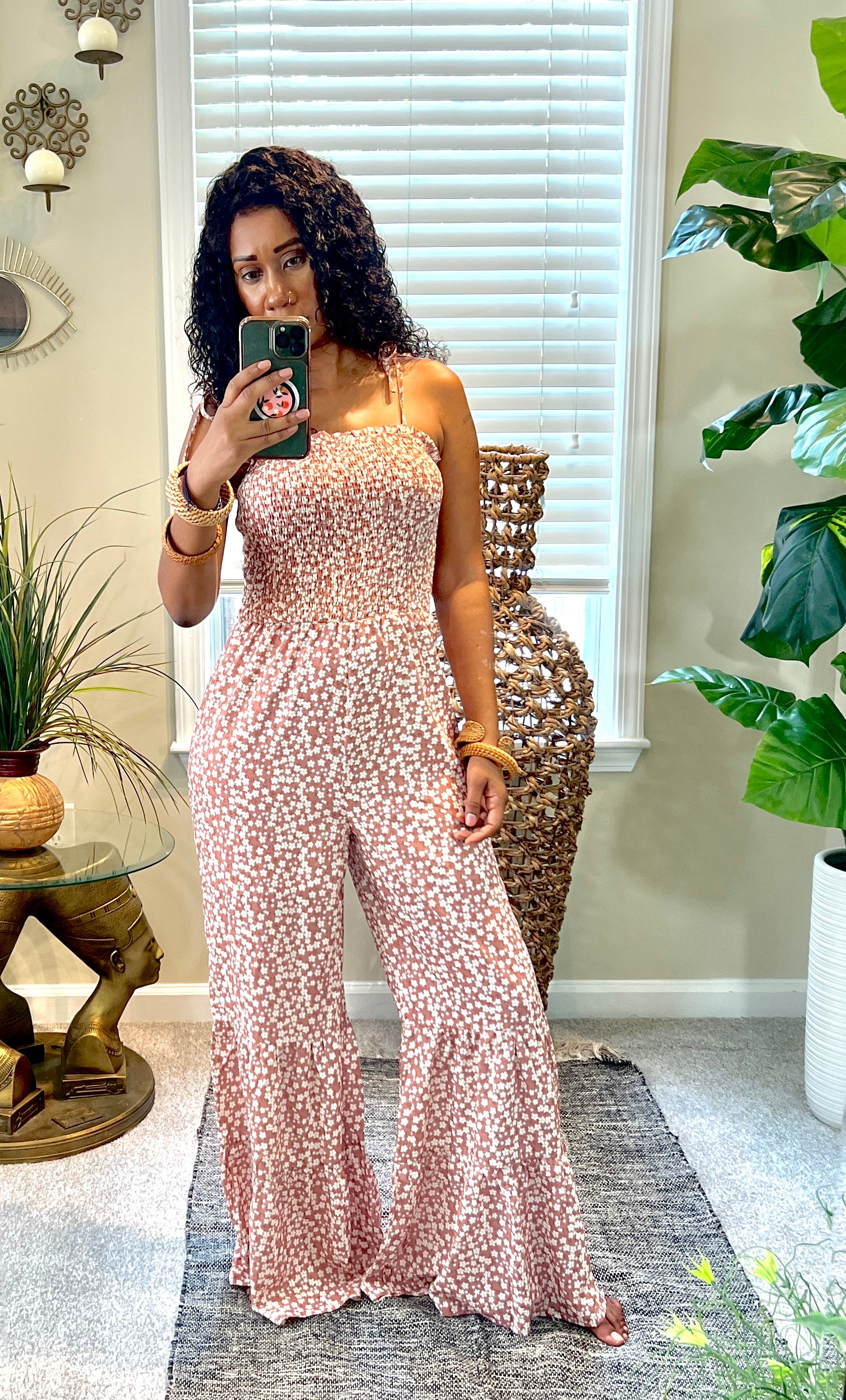 Tan Sleeveless floral smocked wide leg jumpsuit 