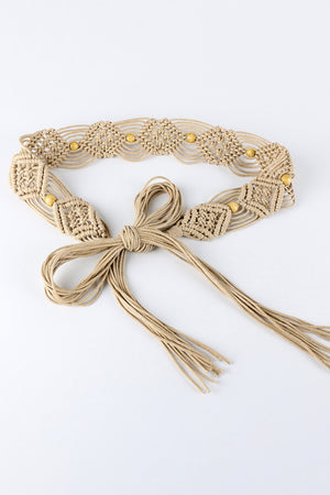 Khaki braid belt with fringes solid wood beads, and macrame style braid