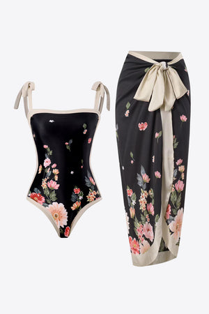 Mameha Floral Tie-Shoulder Two-Piece Swim Set in Black