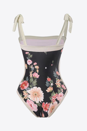 Mameha Floral Tie-Shoulder Two-Piece Swim Set in Black