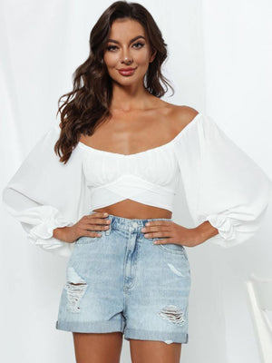 Sweetheart neck off-shoulder long flounce sleeve cropped blouse in White