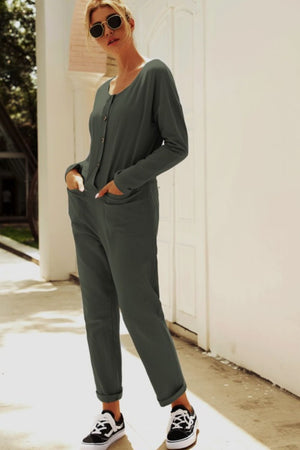 Just Running Out Buttoned Drop Shoulder Pocket Jumpsuit