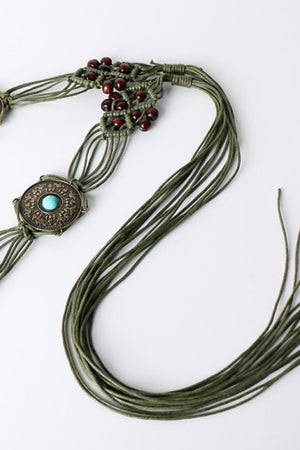 Bohemian Style Braid Belt in Army green with wooden beads, alloy imitation gemstones.