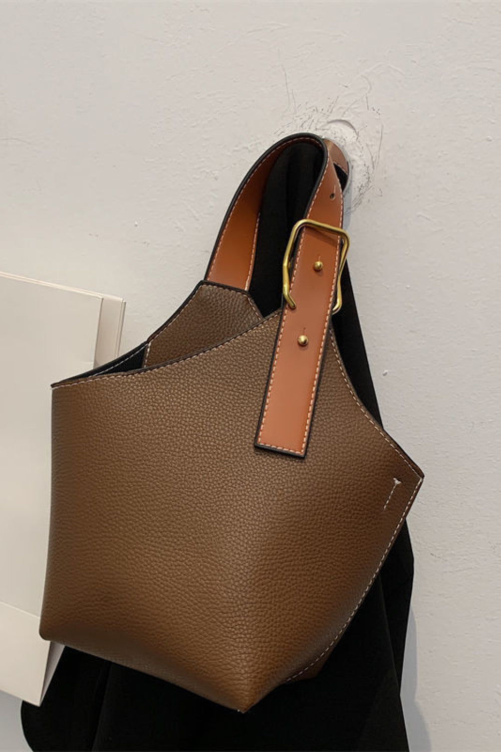 Two tone Leather Bucket Bag Tan with brown straps