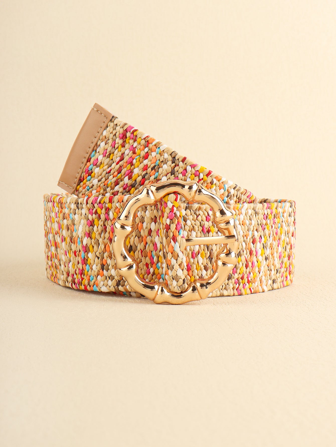 Multicolored woven wide belt with round buckle