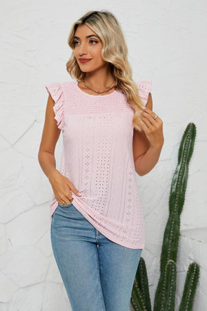 Pale Pink Smocked Round Neck Eyelet Top with flutter cap sleeves