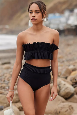 Ruffle strapless tie back high waisted two-piece swim set in black