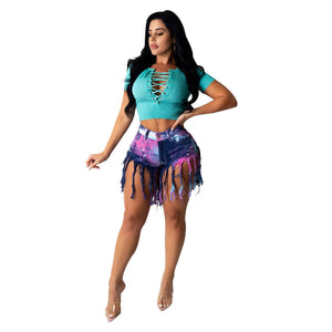 Fringed Blue Tie Dye Denim Shorts High Waist, Button Fly Closure and Pockets. 