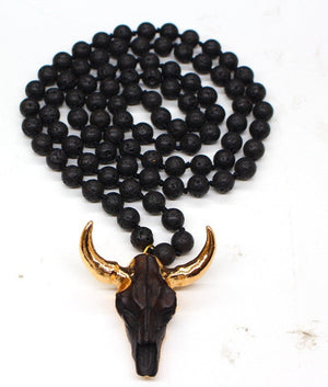 Black Longhorn Bull Skull Necklace with lava stone beading