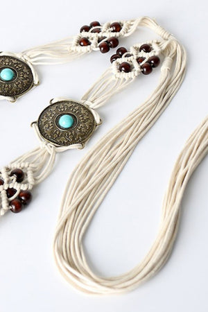 Bohemian Style Braid Belt in ivory with wooden beads, alloy imitation gemstones.