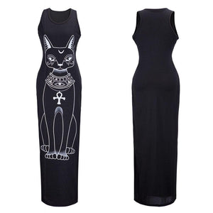 Black midi dress with white full length image of Bastet on front, sleeveless, fitted, pockets.  Backside solid black color 