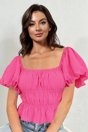 hot pink square neck balloon sleeve cropped blouse