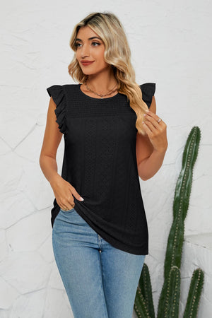 Black Smocked Round Neck Eyelet Top with flutter cap sleeves