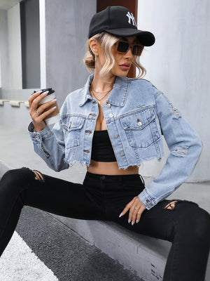 Give Me Fever Distressed Raw Hem Cropped Denim Jacket