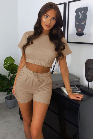 Short sleeve cropped top and drawstring shorts 2PC set in Tan