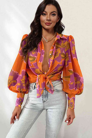 Miami Sheer Flower Print Lantern Sleeve Shirt