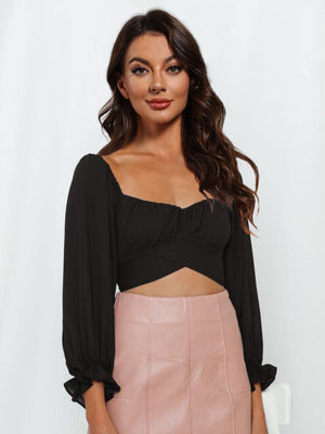 Sweetheart neck off-shoulder flounce sleeve tie back cropped blouse in black