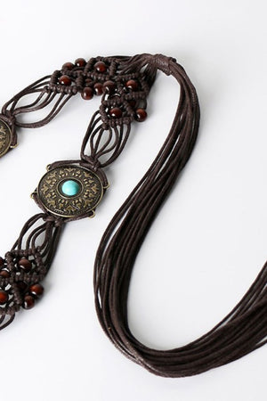 Bohemian Style Braid Belt in chocolate with wooden beads, alloy imitation gemstones.