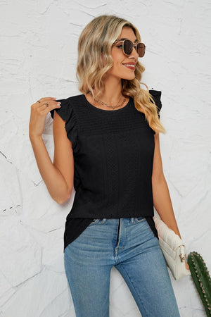 Black Smocked Round Neck Eyelet Top with flutter cap sleeves