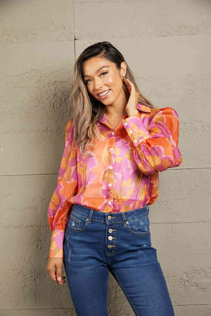 Miami Sheer Flower Print Lantern Sleeve Shirt