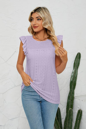 Lavender Smocked Round Neck Eyelet Top with flutter cap sleeves