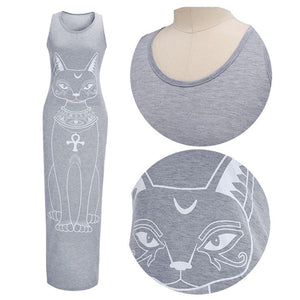 Gray midi dress with white full length image of Bastet on front, sleeveless, fitted, pockets.  